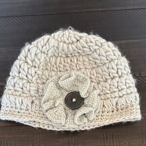 mark. Gray Knit Hat with Flower and Button Detail